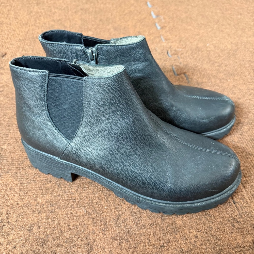 Alegria by PG Lite Black Leather Ankle Boots SHA-601 Side Zip Lug Sole Womens 40